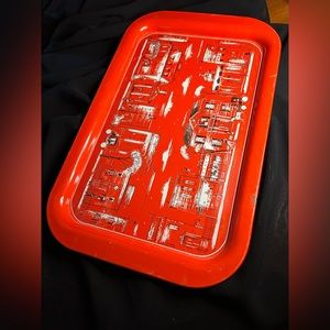 VTG Quaint Metal Red and Printed Tray. Unbranded.